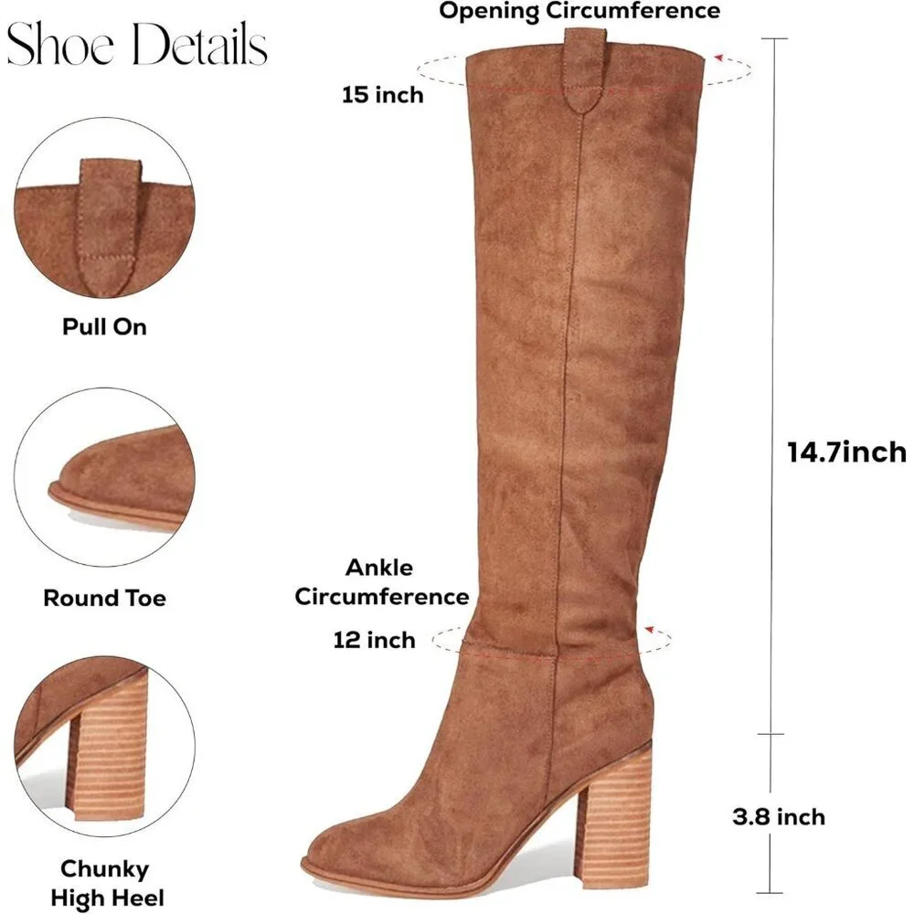 Women's 1 Brown Suede Knee-high Boots Fall Boot Chunky Block High Heel